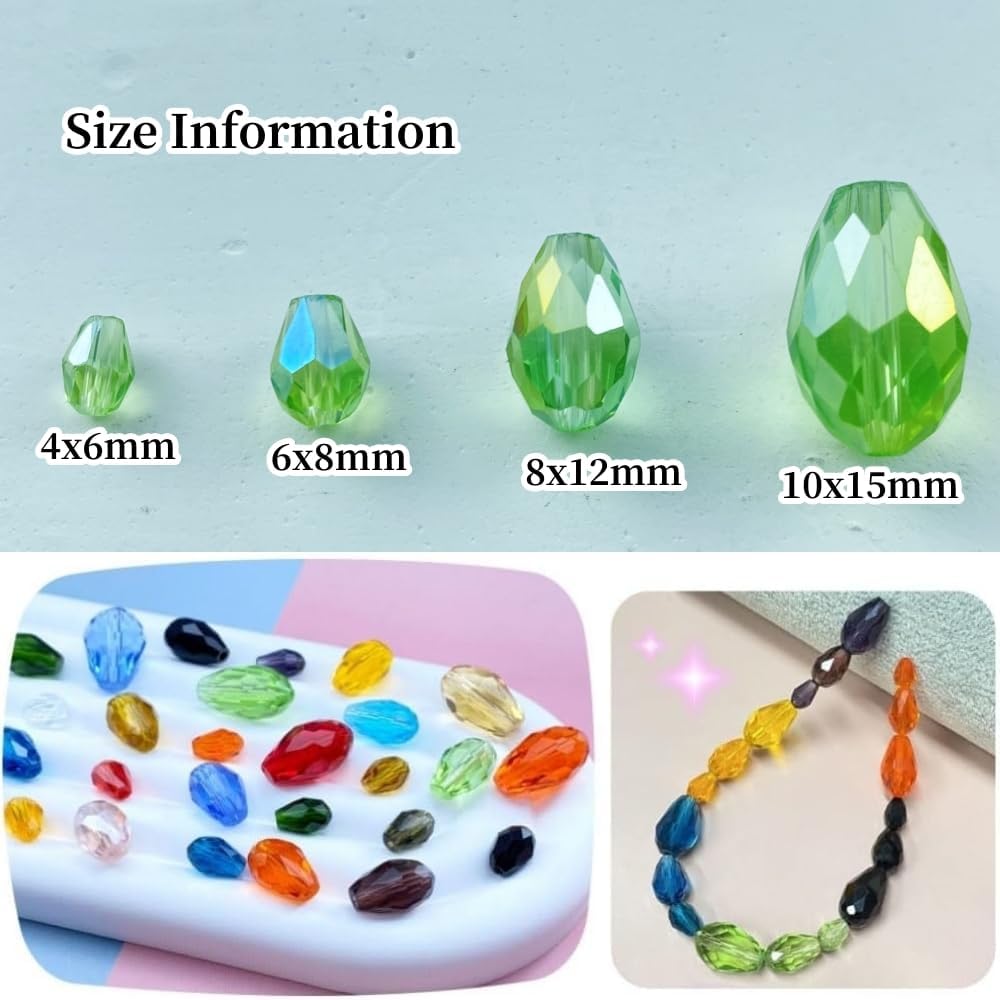 130pcs 6x8mm Teardrop Crystal Glass Beads Vertical Hole Faceted Glass Teardrop Spacer Beads for Bracelets Necklace Earring DIY Jewelry Making Craft(Light Green AB)
