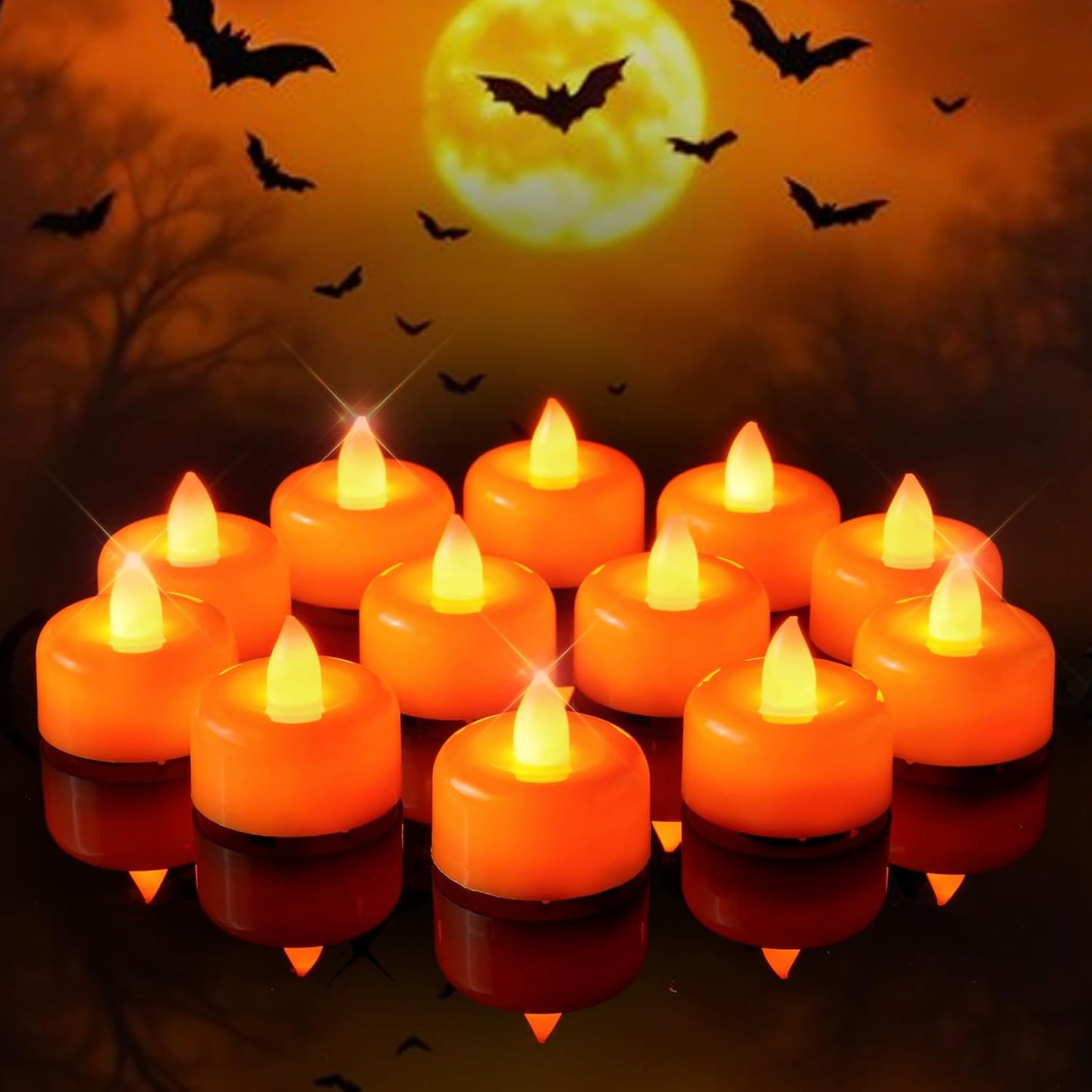 Amagic 24 Pack Halloween Orange Flameless LED Tea Lights Candles Battery Operated, Electric Fake Tealight Candles for Votive, Wedding, Table Centerpiece, Party, Holiday Decor, Christmas