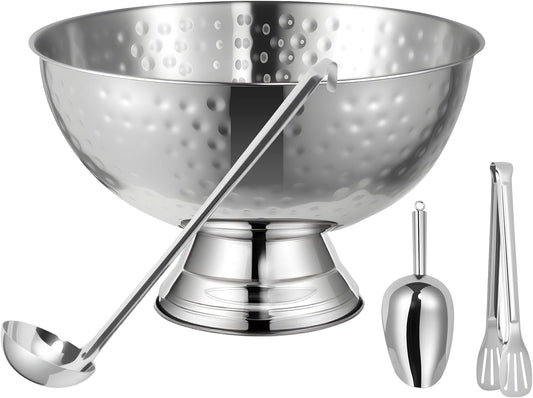 12L Hammered Large Ice Bucket for Parties - 16"x16"x10" Huge Punch Bowl with Ladle - Stainless Steel Bucket for Cocktail Bar - Lightweight Champagne Bucket with Scoop