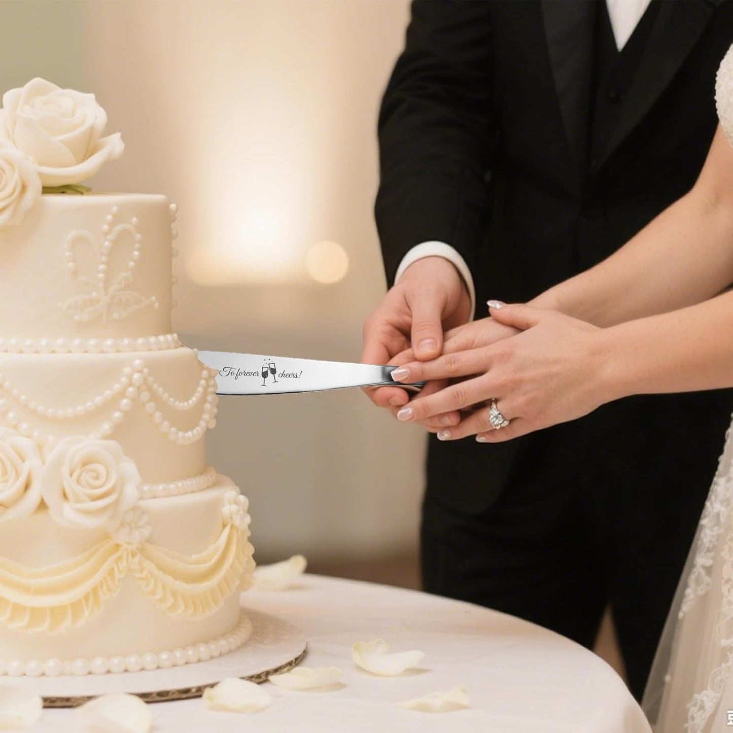 Personalized 4 Piece Wedding Cake Cutting Set, Custom Names Cake Knife and Server set with Forks, Anniversary Birthday Bridal Wedding Registry Gifts (Silver)