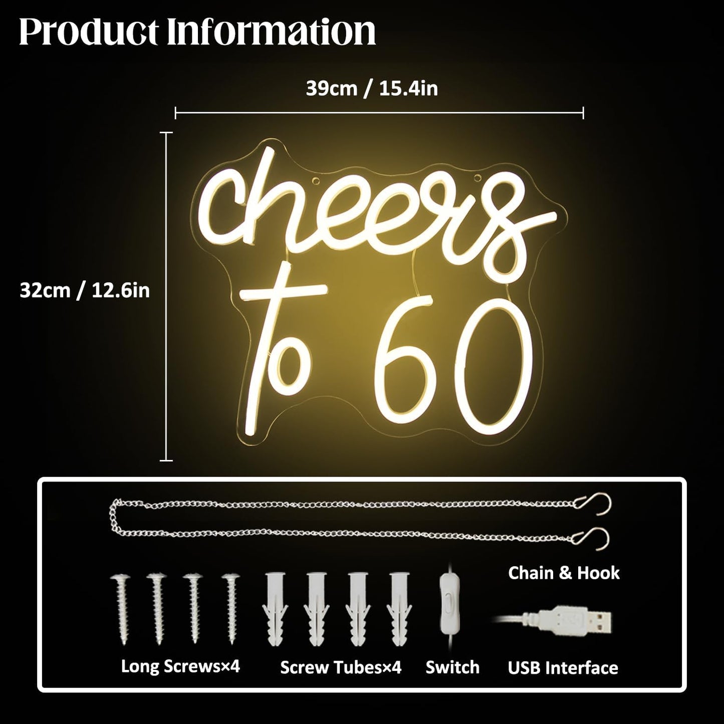 Cheers to 60 Neon Sign - 60th Birthday LED Neon Lights - Warm White - Happy Birthday Signs for Wall Decor - 60 Years LED Signs for Wall, Bedroom, Bar, Wedding, Party Decor