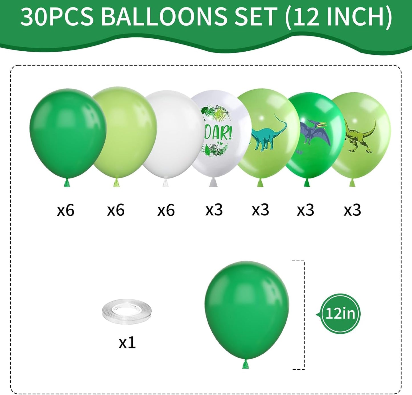Dinosaur Balloons, 12 Inch Dino Printed Balloons Green White Lime Green Latex Balloons for Birthday Party Jungle Dinosaur Themed Decoration for Boys Birthday Party Baby Shower Supplies