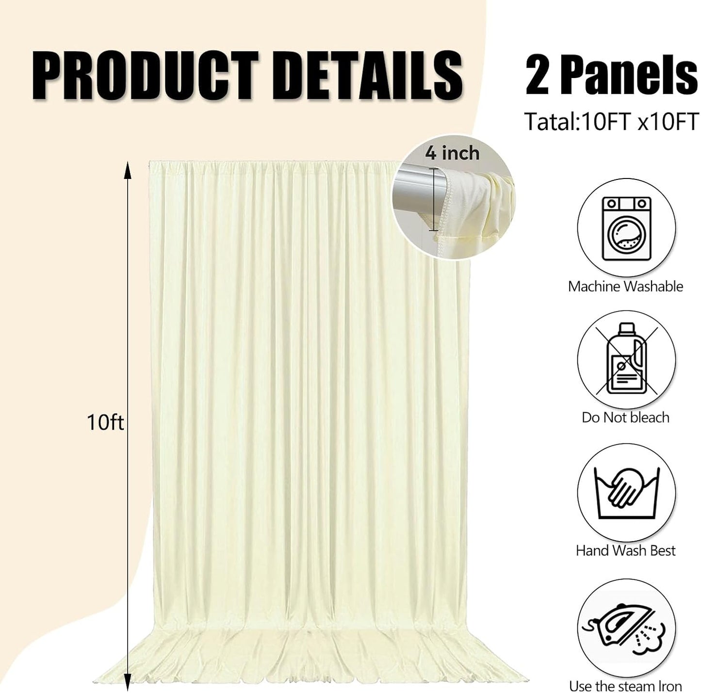 10ft x 10ft Ivory White Backdrop Curtains for Parties, Fabric Satin Background Curtain with Rod Pockets for Weddings, Birthday, Baby Shower, Photography, Graduation Party Backdrop Drapes, 2 Panels