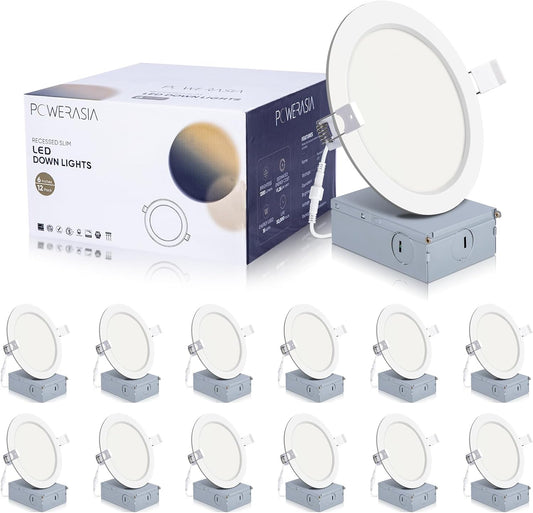12 Pack 6 Inch Ultra-Thin LED Recessed Ceiling Light with Junction Box, Recessed Lighting 6 Inch 5000K Dimmable Daylight, 15W 220W Eqv, 1200LM High Brightness - ETL and Energy Star Certified
