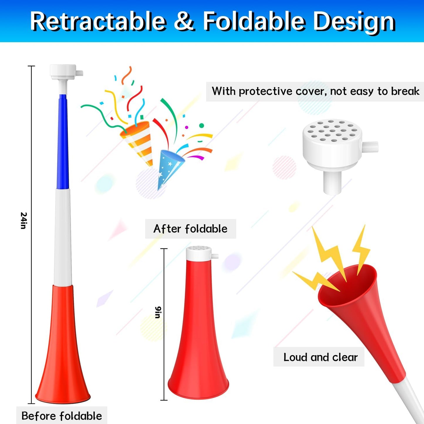 Collapsible Stadium Horn Noise Maker 24 Inch Vuvuzela Stadium Blower Plastic Trumpet Blow Horns Noisemakers for Sporting Events Graduation Games School Sports Party Supplies Favors Accessories