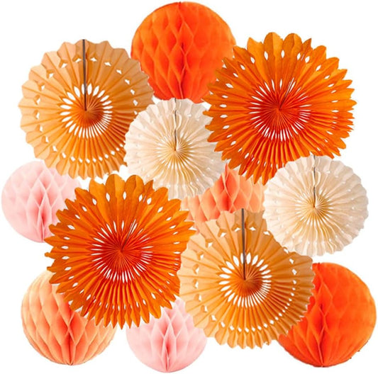 12pcs 6’’ 8’’ Honeycomb Balls Tissue Paper Fans Party Honeycomb Ball Fans Wall Tissue Pom Poms Flower Balls Hanging Paper Fans for Party Baby Shower Birthday Wedding Nursery Wall Decor(Orange kit)