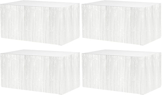 4 Pack 29x108 Inch Metallic Foil Fringe Tinsel Table Skirts for Rectangle Tables Streamer Curtains Backdrop for Wedding, Birthday, Parade Floats, Christmas, Halloween Party Decoration(White)
