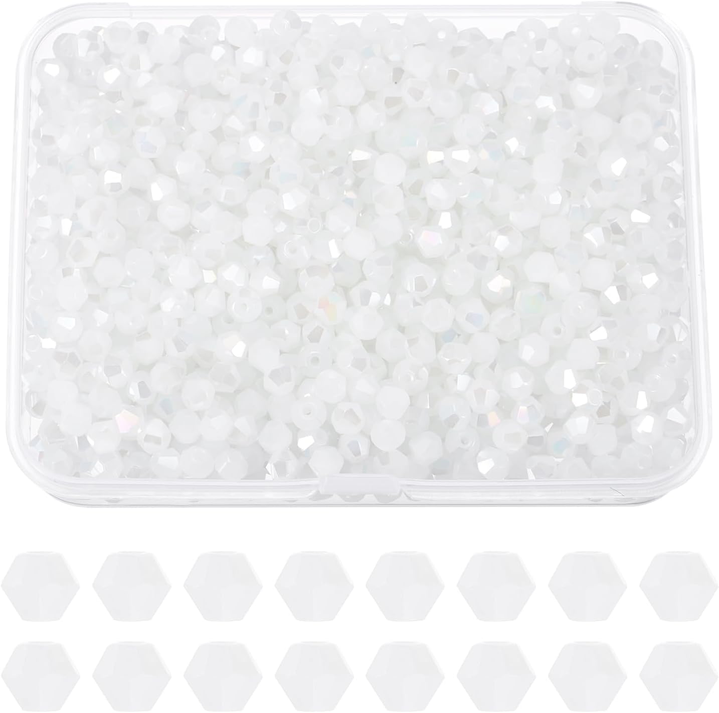 PATIKIL 1000pcs 3mm Bicone Glass Crystal Beads, Faceted Glass Spacer Beads with Box for Jewelry Making Bracelet Necklace Earrings DIY Suncatcher Craft, Pure White AB