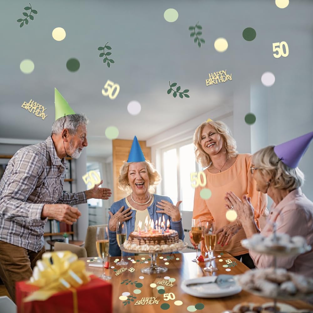 Sage Green 50th Happy Birthday Confetti, 50th Birthday Table Decorations Scatter Green Gold Foil Cake Confetti Decorations for 50 Bday Women Men Party Decor 230 Pcs