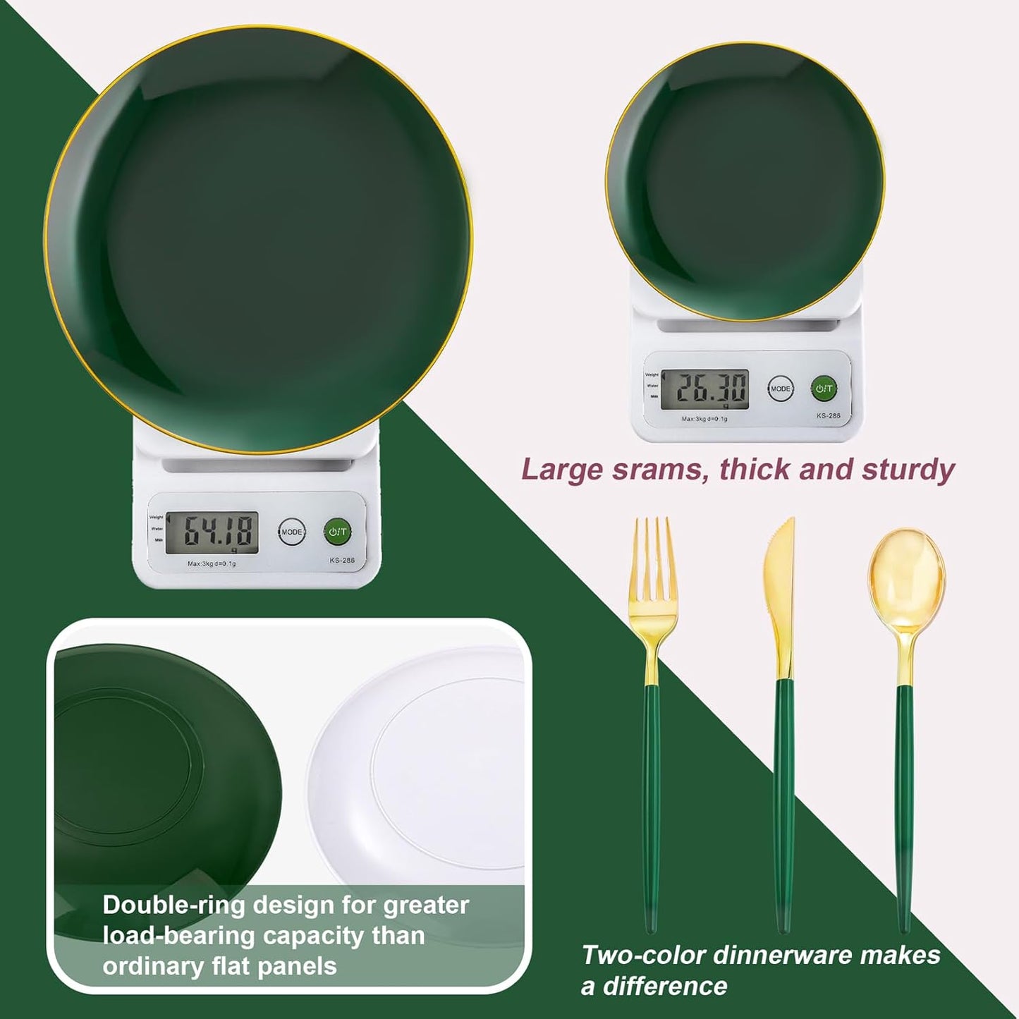 Liacere 150PCS Green Plastic Plates - Gold Plastic Silverware with Green Handle - Heavy Duty Fancy Plastic Plates Disposable Include 30 Guests Plates, Forks, Spoons, Knives for wedding＆Labor Day