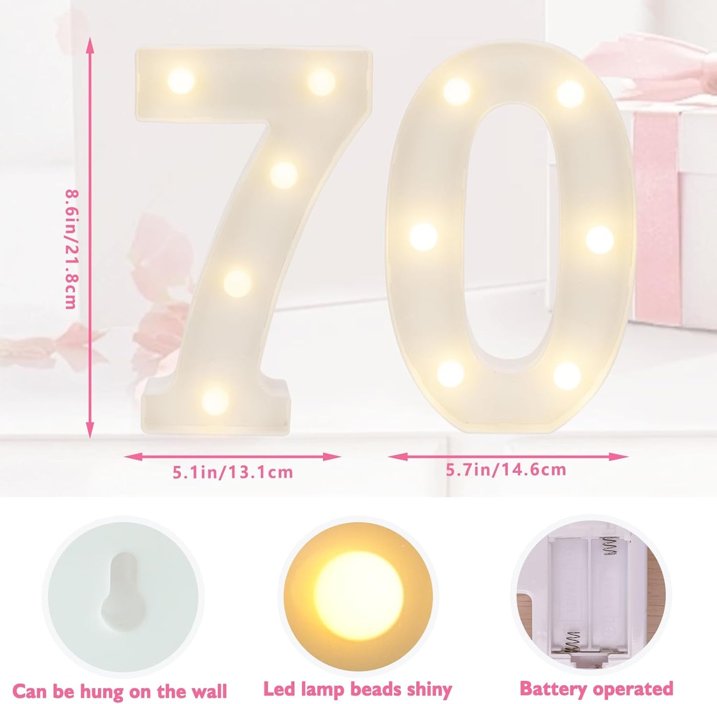 LED Marquee Letter Lights, Decorative Light Up Numbers for 70th Birthday Party, Battery Operated, Warm White Small Marquee 70 Sign for Anniversary Decorations