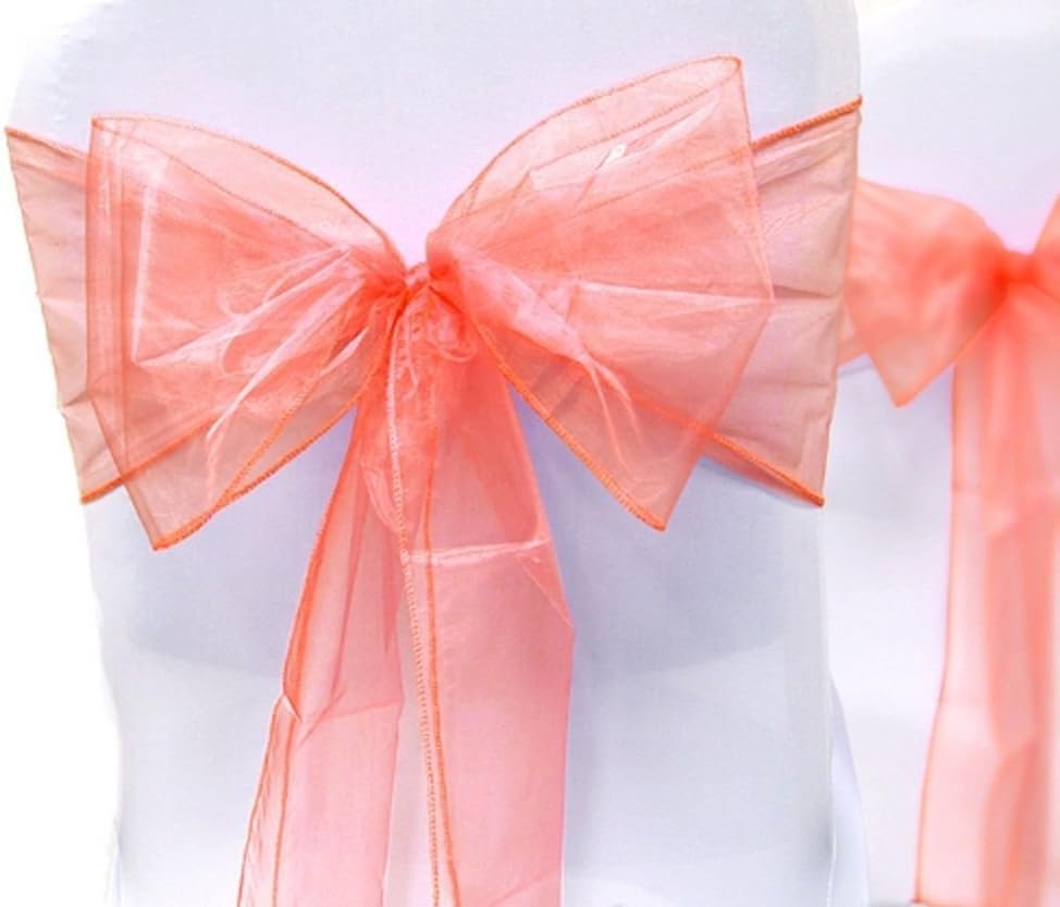 Organza Chair Bow Sash Décor Bows Sashes for Wedding Reception Events Banquets Decoration - (Pack of 25, Coral)