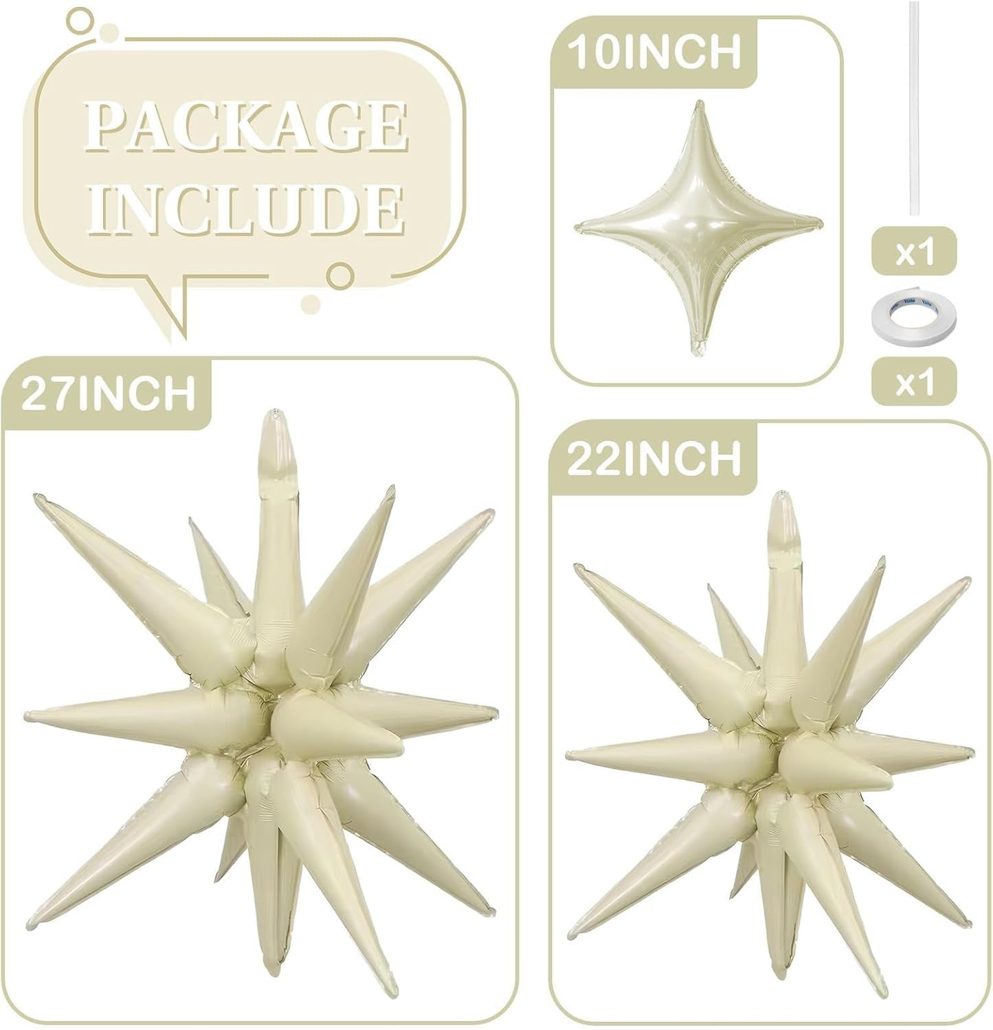 Cream Star Balloons 12pcs, 27/22 Inch Foil Beige Explosion Star Balloons, Large Spike Mylar Cone Nude Balloon, Boho Neutral Balloon Aesthetic Party for Baby Bridal Shower Wedding Birthday