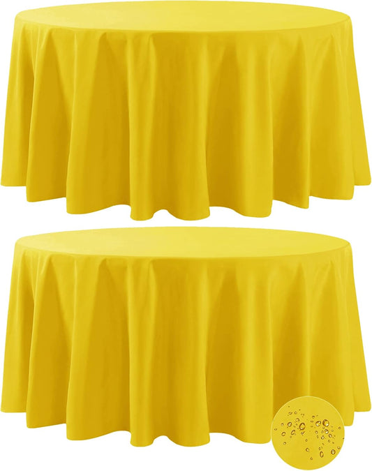 Fokitut 2 Pack Waterproof Round Tablecloth, 132 Inch, Stain Resistant and Wrinkle Polyester Table Cloth, Fabric Table Cover for Kitchen Dining, Wedding, Party, Holiday Dinner-Yellow