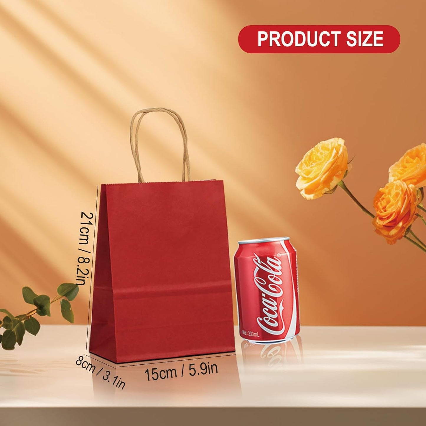 25 Pack Small 5.9x3.1x8.25 Inch Red Kraft Paper Gift Bags with Handles for Bulk Shopping, Retail, Craft, Party Favors, Wedding, Grocery & Sacks