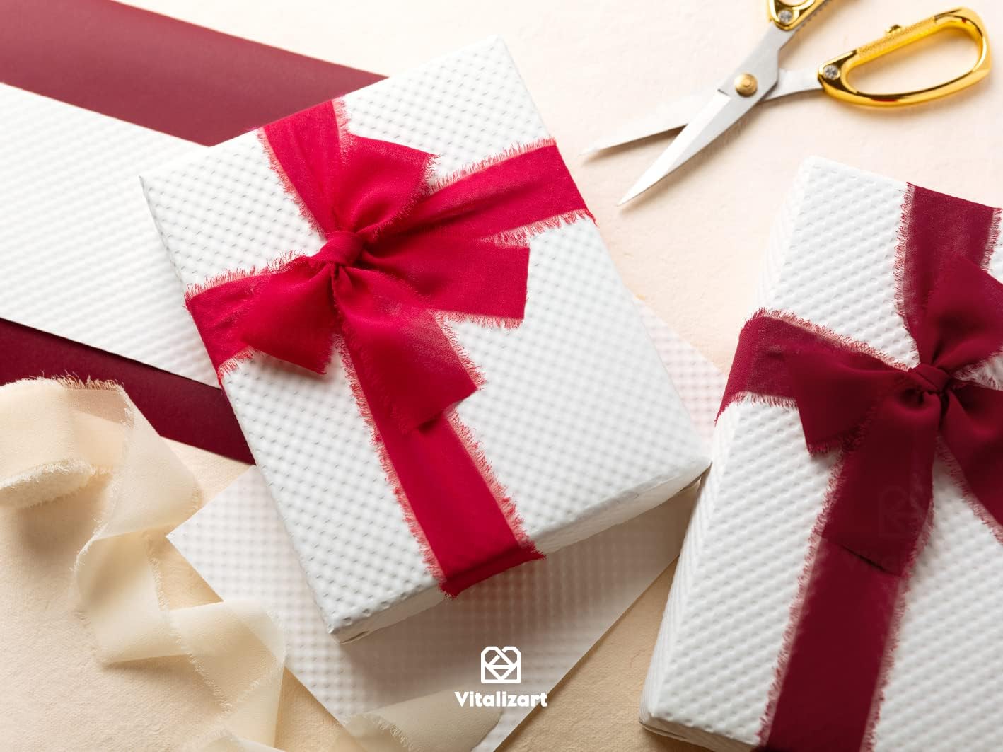 Vitalizart Red Handmade Chiffon Silk Ribbon Fringe 1.5" x 21 Yd Frayed Edges Ribbons for Wedding Invitations Bridal Bouquets Gifts Wrapping Crafts Holiday Party Decorations