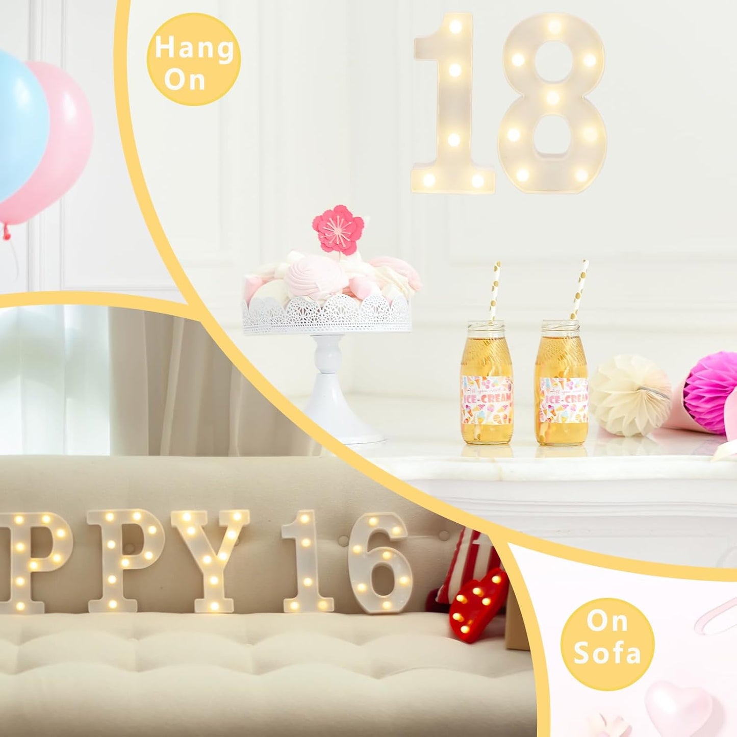 LED Marquee Letter Lights, Decorative Light Up Numbers for 16th Birthday Party, Battery Operated, Warm White Small Marquee 16 Sign for Anniversary Decorations