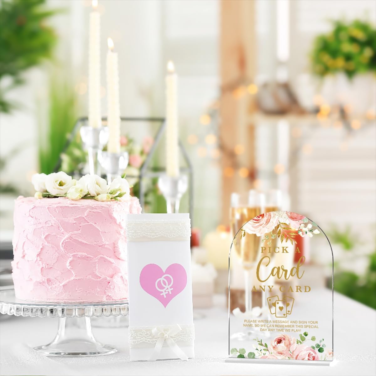 Acrylic Wedding Signs, Bridal Shower Decorations, Pick A Card Signs for Reception, Modern Calligraphy Arch Acrylic Table Top Sign for Wedding Reception and Engagement Parties (Clear Pink Flowers)