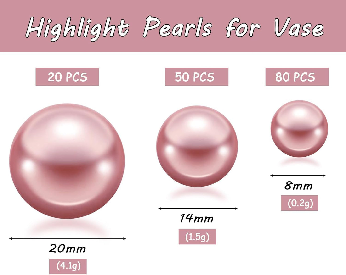 150Pcs Rose Gold Polished No Hole Faux Pearl Beads for Vase Filling Decorations, Plastic Pearls Vase Fillers, Table Scatters, Wedding Centerpiece, Home Decor, 8/14/20 mm