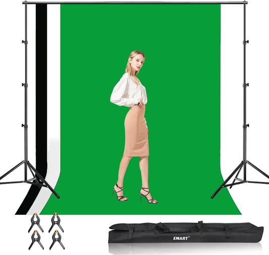 EMART Photo Video Studio Backdrop Stand Kit, 8.5x10ft Adjustable Photography Greenscreen Support System with 3 Polyester Backgrounds for Photoshoot (Black White Green)