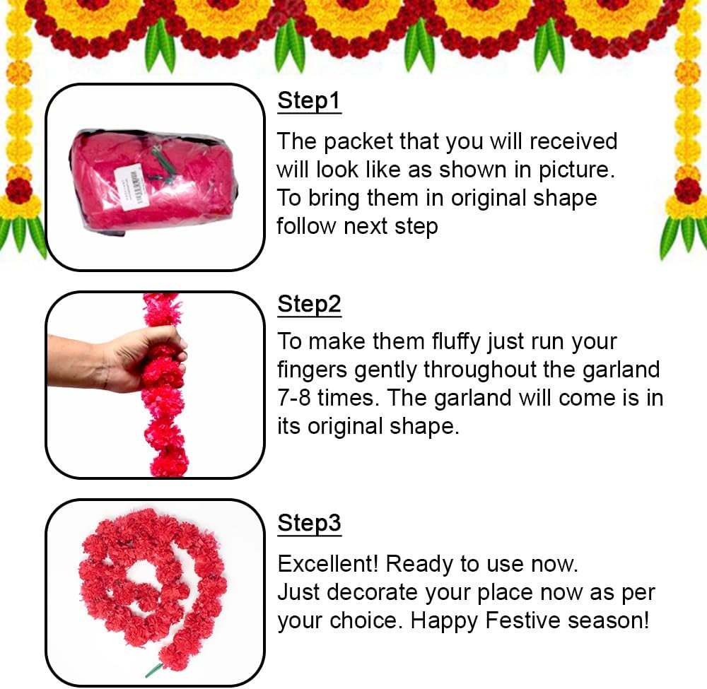 Artificial Marigold Garland for Decoration, Diwali Decorations Pack of 5 - Marigold Garland Flowers for Diwali Pooja -Traditional Indian Decoration (Red 5 PC | 4 to 4.5ft) Hashcart®