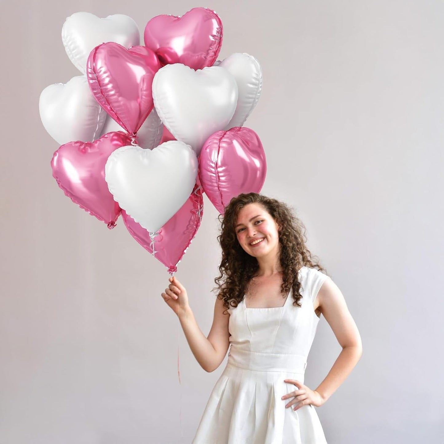 Heart Foil Balloons, 18 Inch White & Pink Heart Shape Mylar Balloons for Valentine's Day, Birthday, Wedding, Baby Shower Party Decoration