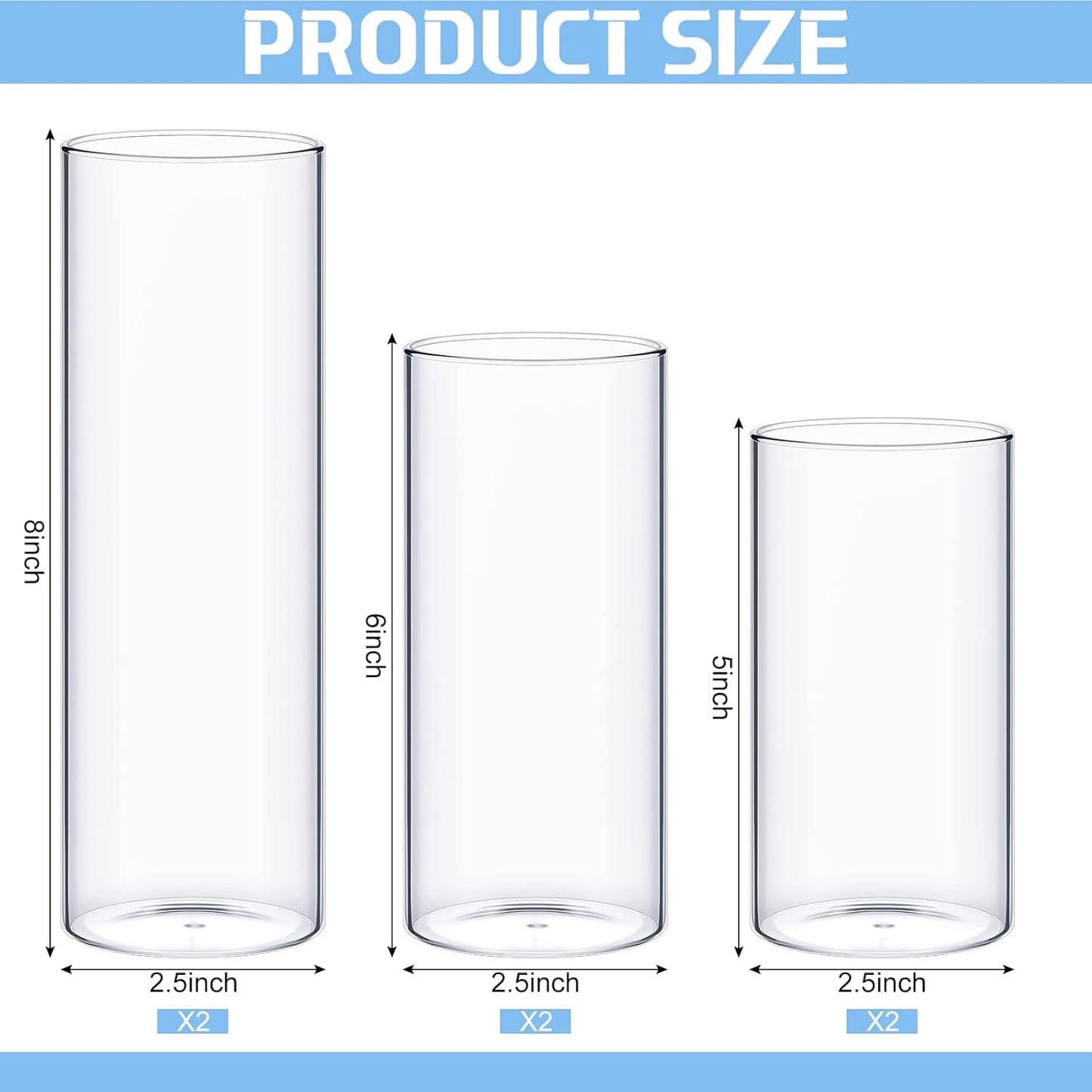 Thin Glass Cylinder Vases 2.5''/3.3'' Diameter 2mm Wall Thickness Clear Flowers Vase Hurricane Floating Candles Holders for Table Centerpieces Wedding Decor(2.5'' X 5'',6'',8'',6 Pcs)