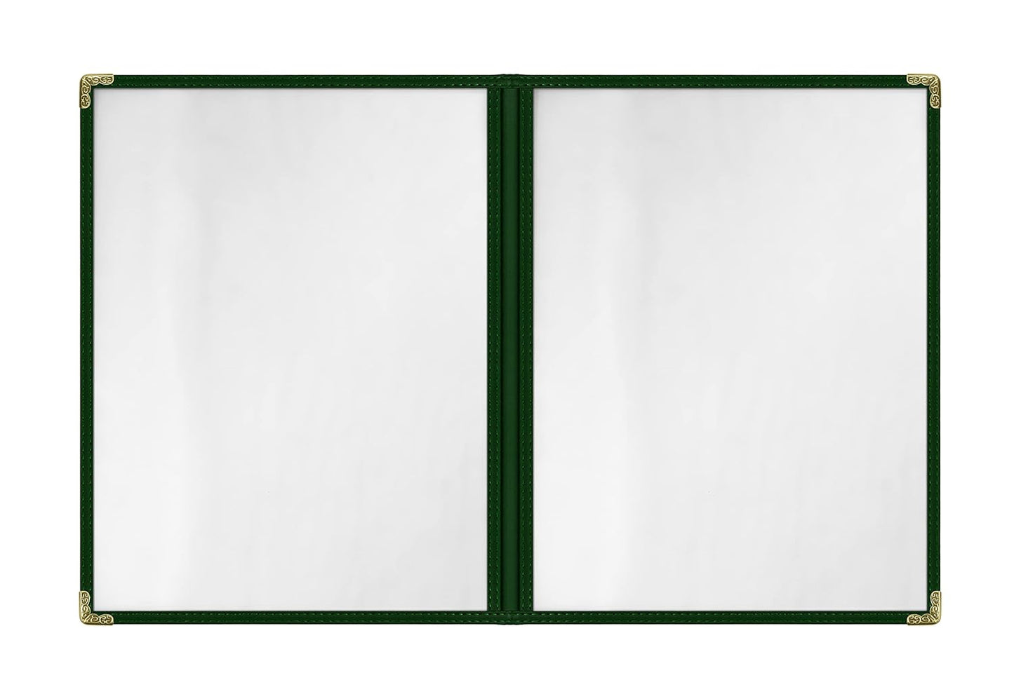 Goodsmart Restaurant Menu Covers - 25 Pack Green2-Page/4-View 8.5" x 11", Side-Loading Vinyl Menu Holders, Clear Sleeves, Double-Stitched Edge, Leather-Style Café Menu Covers with Gold Corners