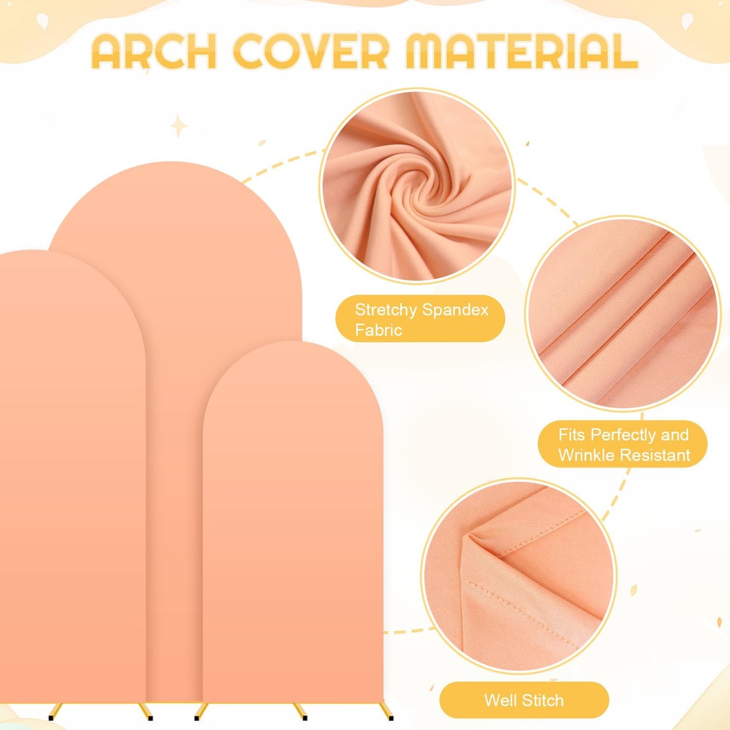 Metal Arch Backdrop Stand Set of 3 with Cover 7.2FT, 6.6FT, 6FT Wedding Arch Stand Arched Frame and Peach Arch Covers Stretchy Backdrop Spandex for Birthday Party Baby Shower Graduation Ceremony Decor