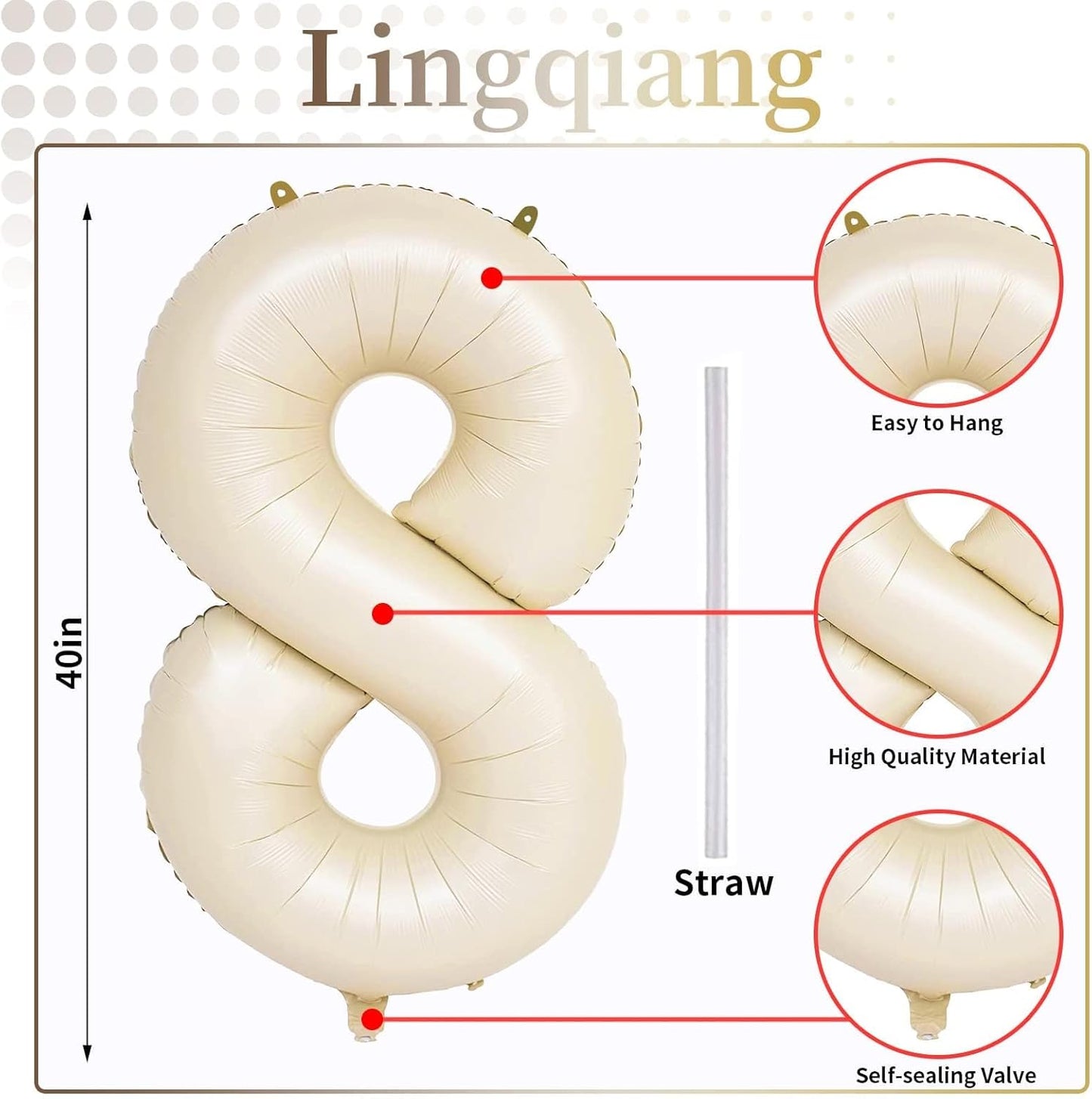 40 Inch Cream Foil Balloon Number 8, Giant Self Inflating Beige Number Balloons 0-9 for Men Women, White Sand 8 Helium Balloons Set for Girls Boys 8th Birthday Anniversary Party Decorations Supplies