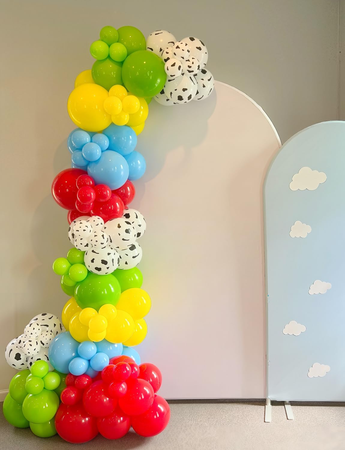 Red Yellow Blue Balloons 12 Inch Red Yellow and Blue Balloons with Sky Blue, Lime Green, Cloud Cow Print Balloon Colorful Latex Balloon for Birthday Baby Shower Farm Themed Party Decorations