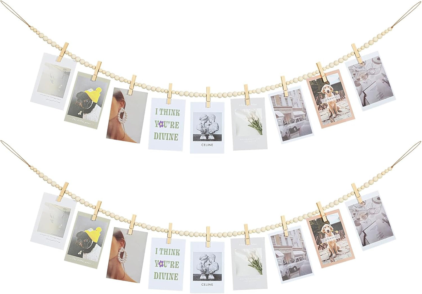 Hanging Photo Display Wall Decor, 2PCS Boho Wooden Bead Garland Collage Picture Frame with 9 Wood Clips for Bedroom, Living Room, Office, Dorm Decor, Photos Holder Teen Girl Gifts