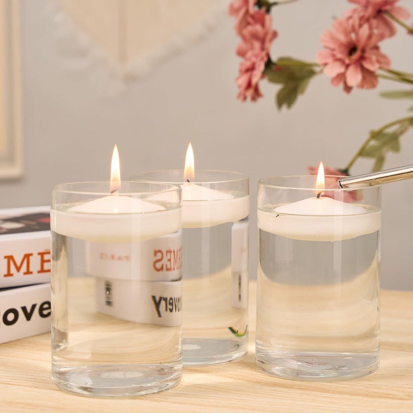 Set of 24， 3-inch Floating Candles, White Smoke-Free and odorless, Burning continuously for 8-9 Hours, Suitable for Valentine's Day, Weddings, Holidays, Home Decoration