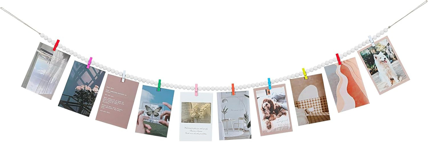 Hanging Photo Display with Clips, Boho Wooden Bead Garland Collage Picture Frame Wall Decor, Photo String with 10 Different Random Colors Wood Clips for Bedroom Room Decor, Christmas Teen Girls Gifts