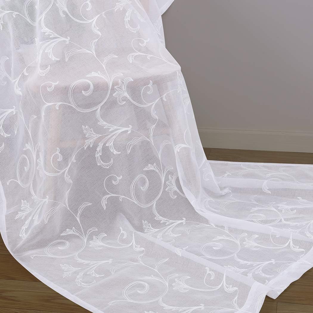 Floral Embroidery Sheer Curtains White 84 Inch Length, Rod Pocket Vintage Voile Drapes for Living room, Bedroom,Semi Crinkle Curtain Panels for Patio, Villa, Set of 2, 52"x 84". (52"Wx84"L, White)