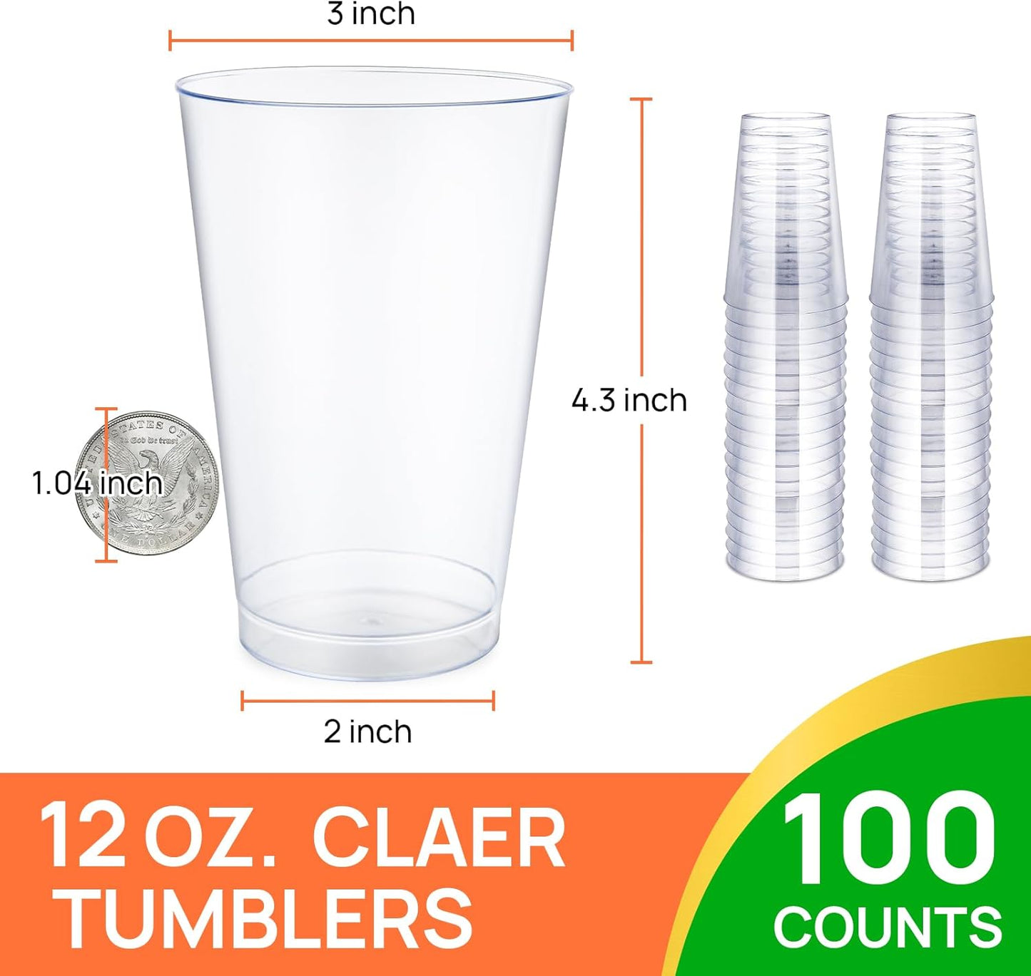 100Counts 12 OZ. Hard Plastic Cups Fancy Disposable Cups for Party, 12 Ounce Clear Elegant Wedding Cups Disposable Wine Glasses for Parties