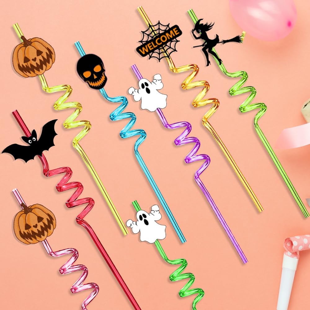 24 Pcs Halloween Party Favors - Reusable Plastic Crazy Straws with Bats, Pumpkin, Witch, Ghost Designs & 2 Cleaning Brushes