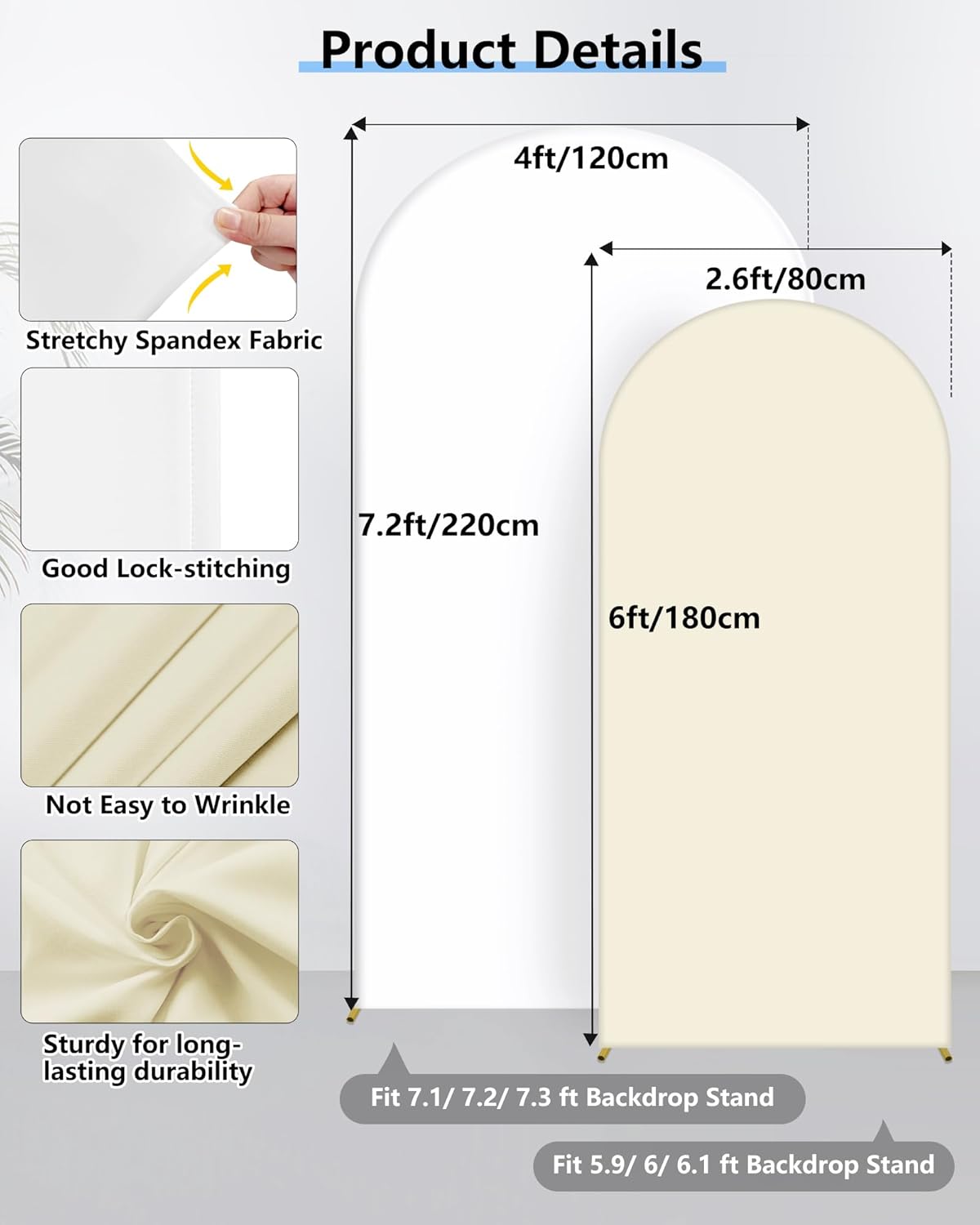 HEMMOTOP White and Light Beige Arch Backdrop Cover 7.2 ft, 6ft, Wedding Arch Covers Stretchy Backdrop 2 Set, Double Color Spandex Arched Background for Birthday Party, Baby Shower