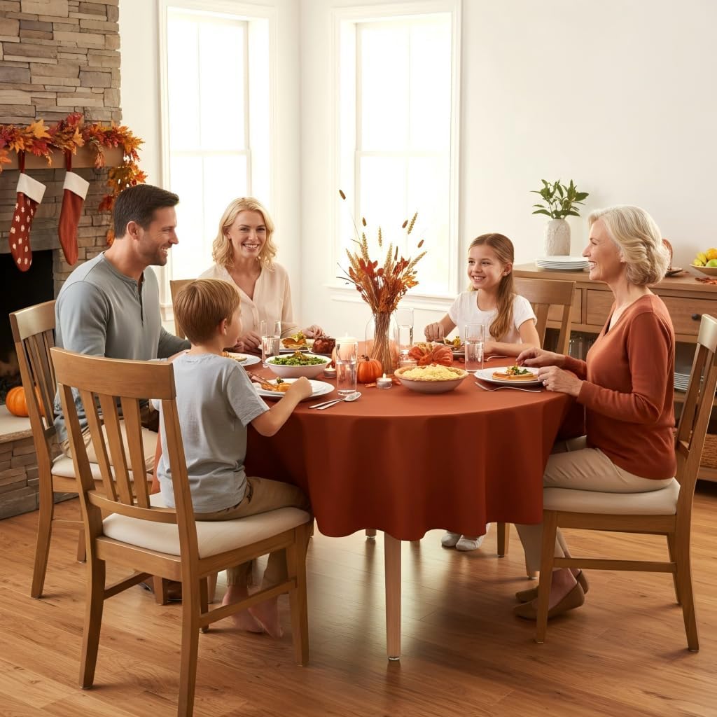 sancua Thanksging Round Tablecloth 70 Inch(Fits 20-58 Inch Tables) Burnt Orange - Water Resistant Spill Proof Washable Polyester Fall Table Cloth Decorative Fabric Table Cover for Dining Parties, Rust