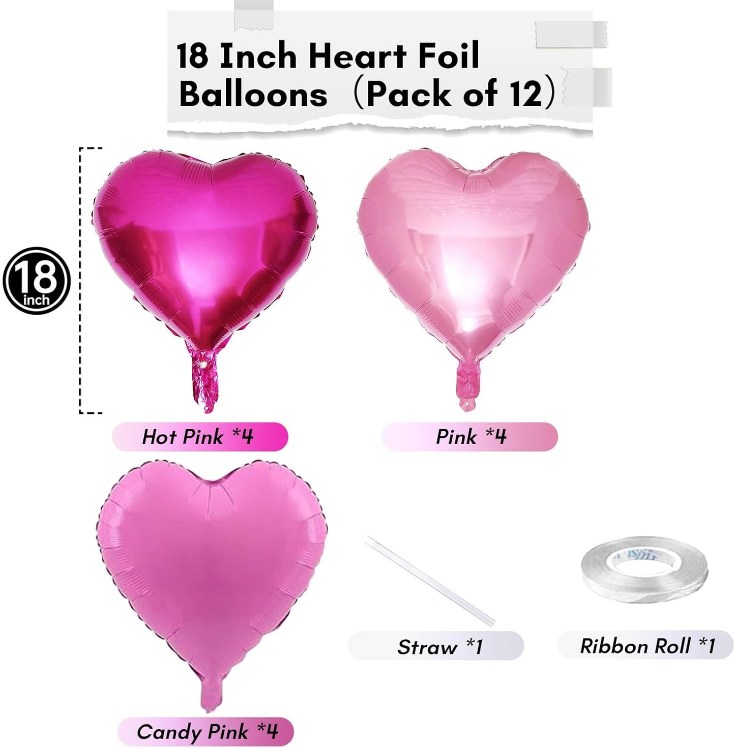 Pink Mixed Heart Balloons, 18 Inch 12 Pcs Hot Pink Foil Heart Shape Balloons, Light Candy Color Love Balloon, Sweet Theme Party Decorations for Girls Women Birthday Wedding Valentines Baby Shower