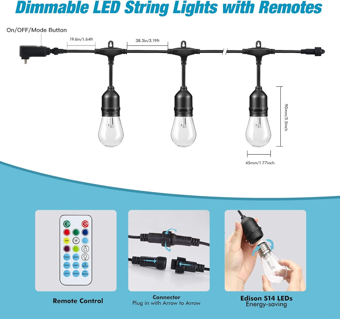 24FT Solar Outdoor String Lights, 12 Shatterproof Edison LED Bulbs, Dimmable RGB Color Changing Patio Lights Waterproof with Remote. for Patio Decor, Garden, Yard, Party, Bistro