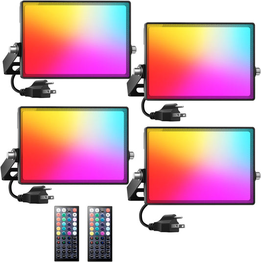 Onforu LED Flood Light Outdoor 700W Equiv, 70W Color Changing RGBW 2700K Floodlight with Remote, Stage Lighting Uplights for Events, IP66 Uplighting Outdoor Spotlight Floor Light for Halloween 4 Pack