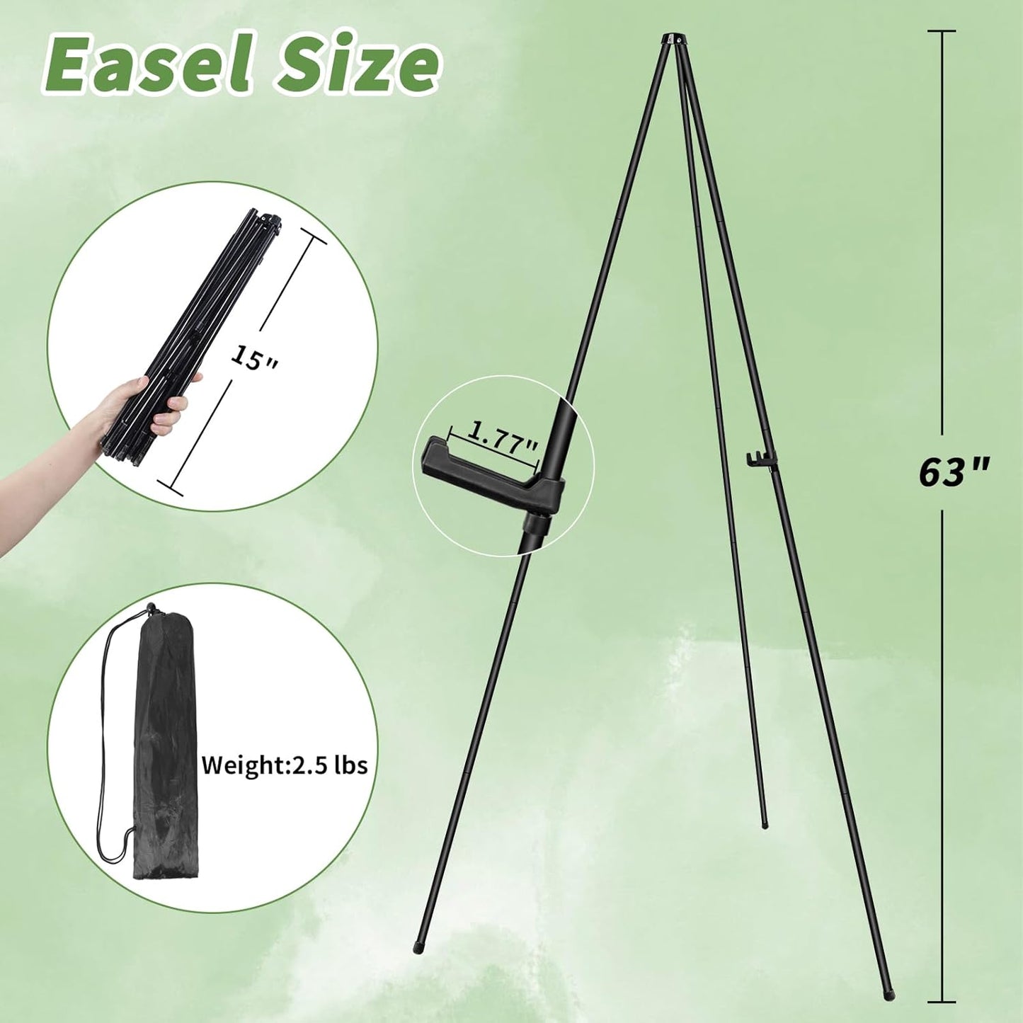 PUJIANG 2 Pack Easel Stand - 63" Folding Easels for Signs - Floor Easels for Display Pictures Wedding Sign, Art Easel for Painting,Welcome Sign Stand Tall Display Black Metal Easel with Bag