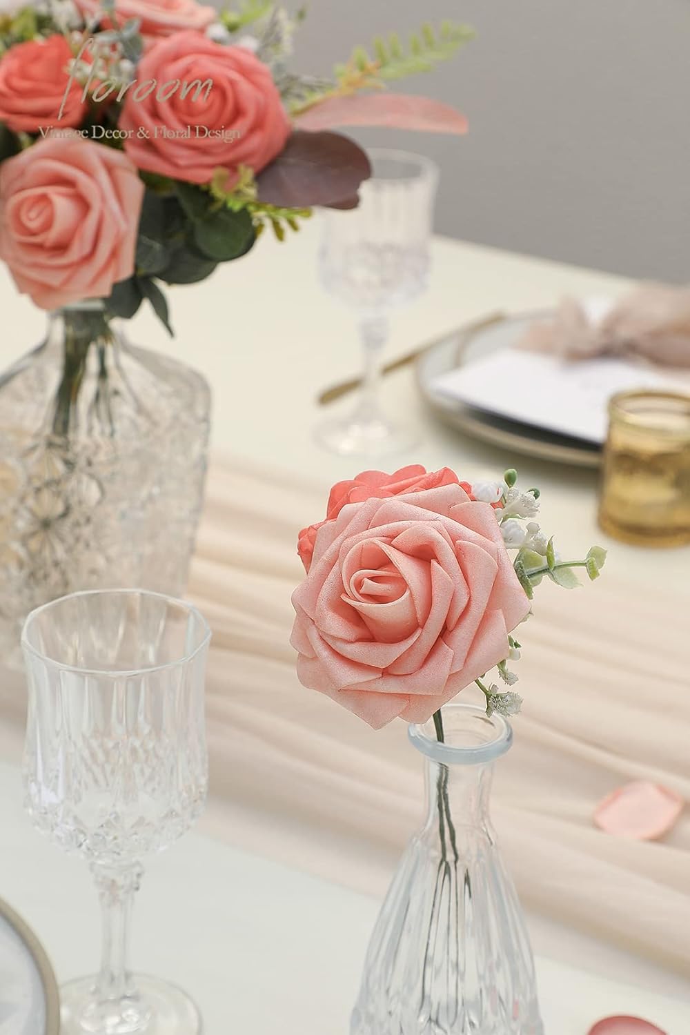 Floroom Artificial Flowers 50pcs Real Looking Mixed Living Coral Foam Fake Roses with Stems for DIY Wedding Bouquets Bridal Shower Centerpieces Floral Arrangements Party Tables Home Decorations