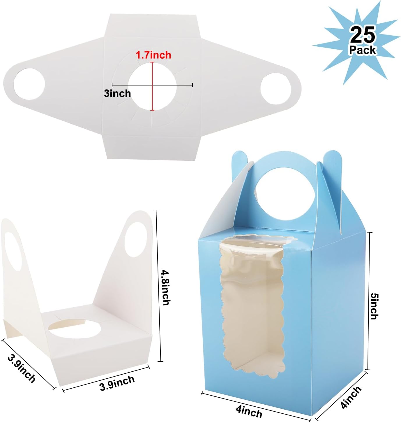 Individual Cupcake Boxes 4x4x5 Inches Disposable Pastry Tray Boxes, With Window Insert and Handle, Perfect for Parties, Birthdays, Bakery Wrapping and Events Containers (Blue-25Pack)