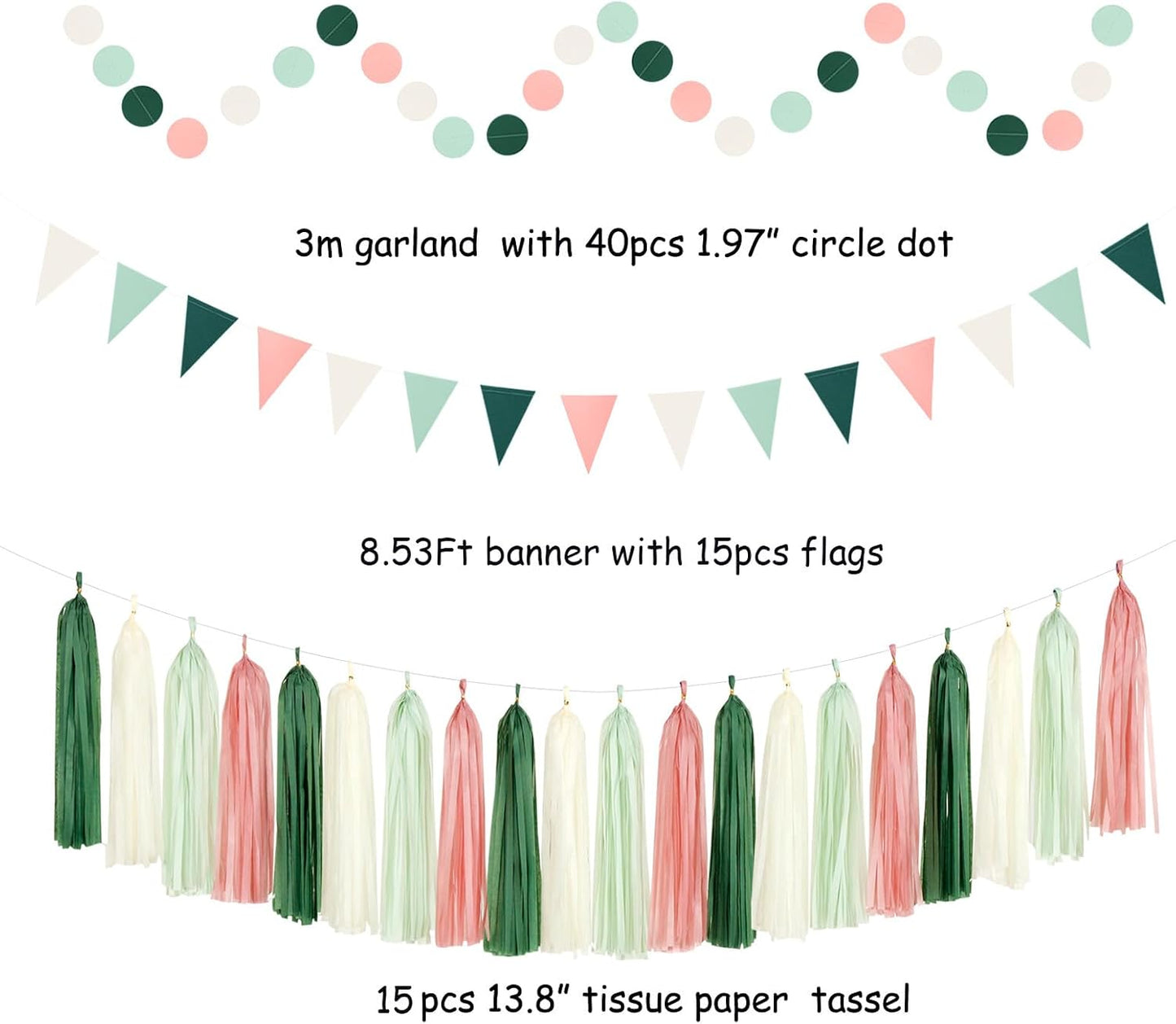 Sage-Olive Green Pink-Beige Boho Party-Decorations - 33pcs Birthday Streamers Tassel Garland,Banner Tissue Pom Poms,Paper Lantern Fans,Rustic Neutral Wedding Baby Bridal Shower Engagement Decor Hugtmr