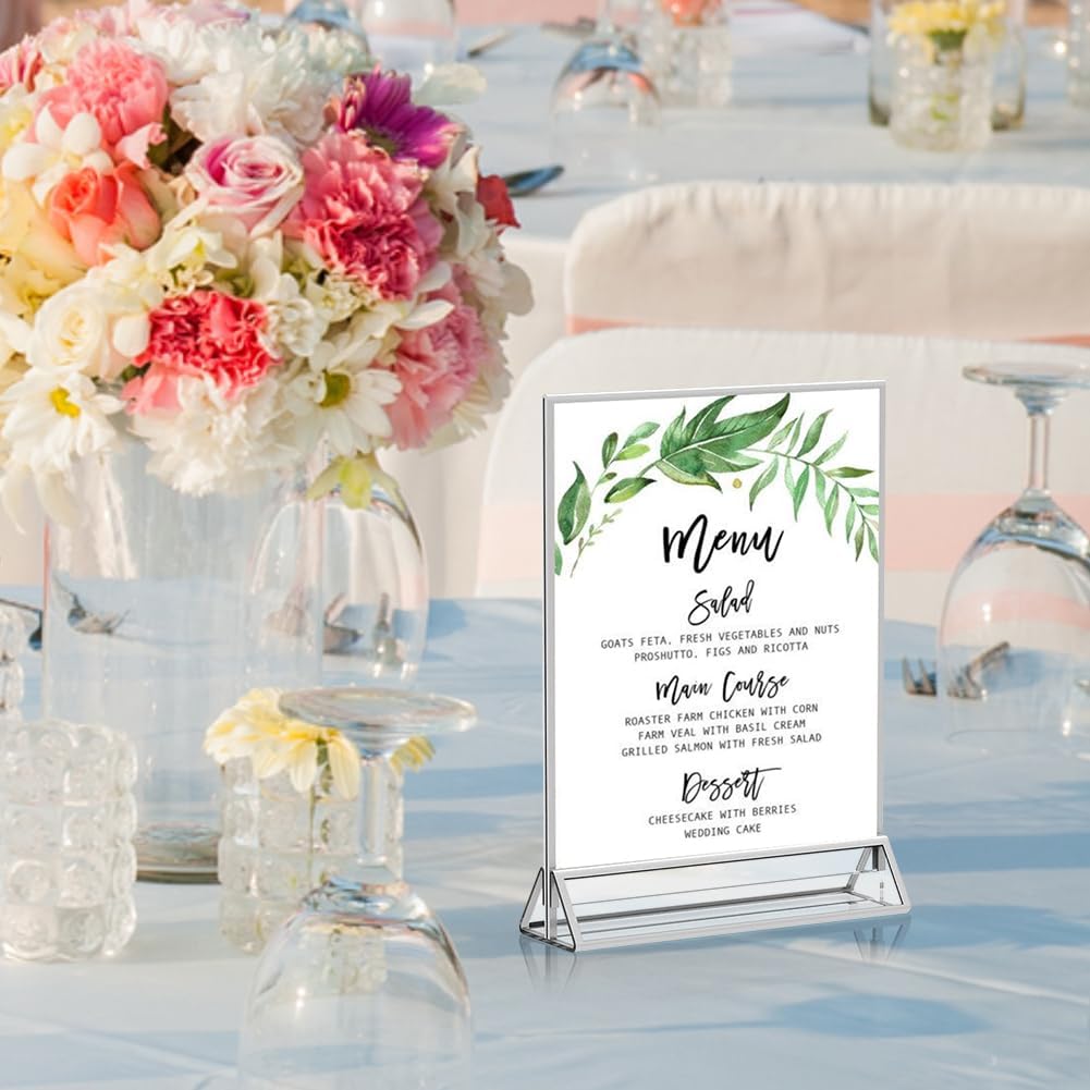 16 Pack 4x6 Clear Acrylic Sign Holders with Silver Borders and Vertical Stand, Double Sided Display Acrylic Table Number Holder for Desktop Table Menu, Wedding, Party, Restaurant