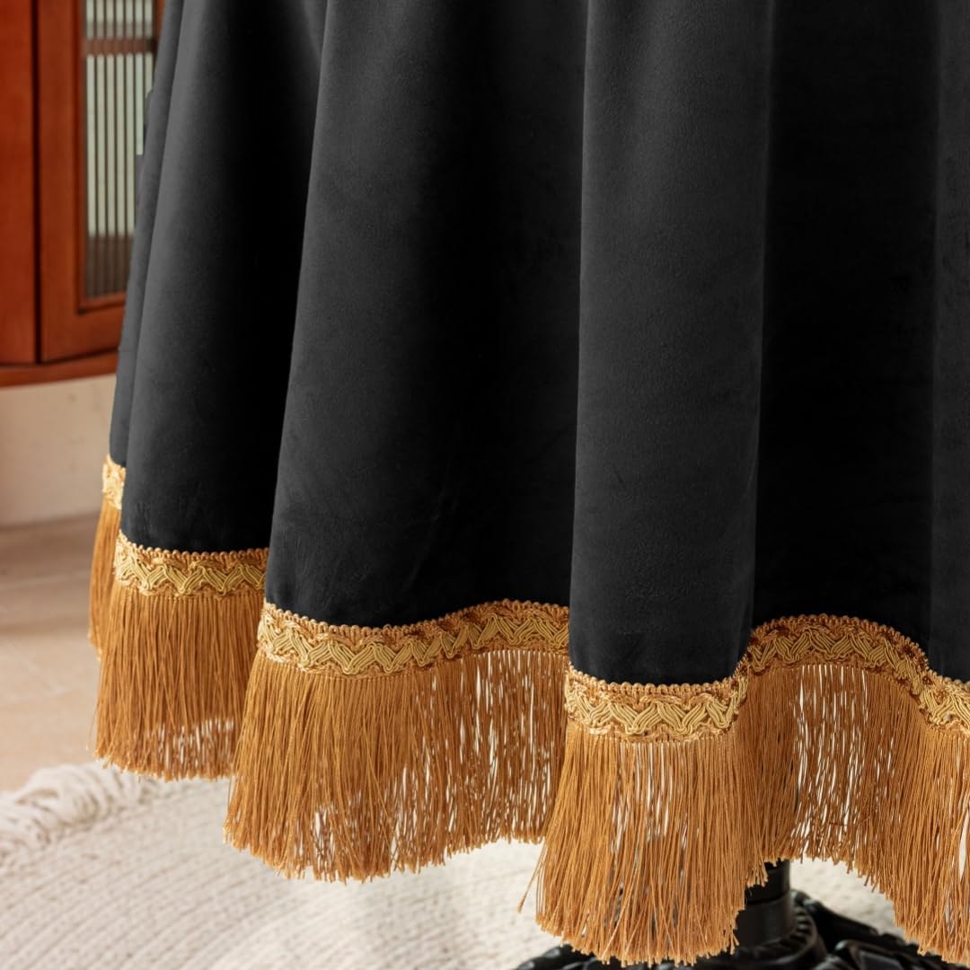 F-CHU Luxury Black Tablecloth Thickset Velvet Tablecloth with Beautiful Gold Tassels Table Cloth for Home Decor Wedding, Party, Banquet and Events 60x102-Inch