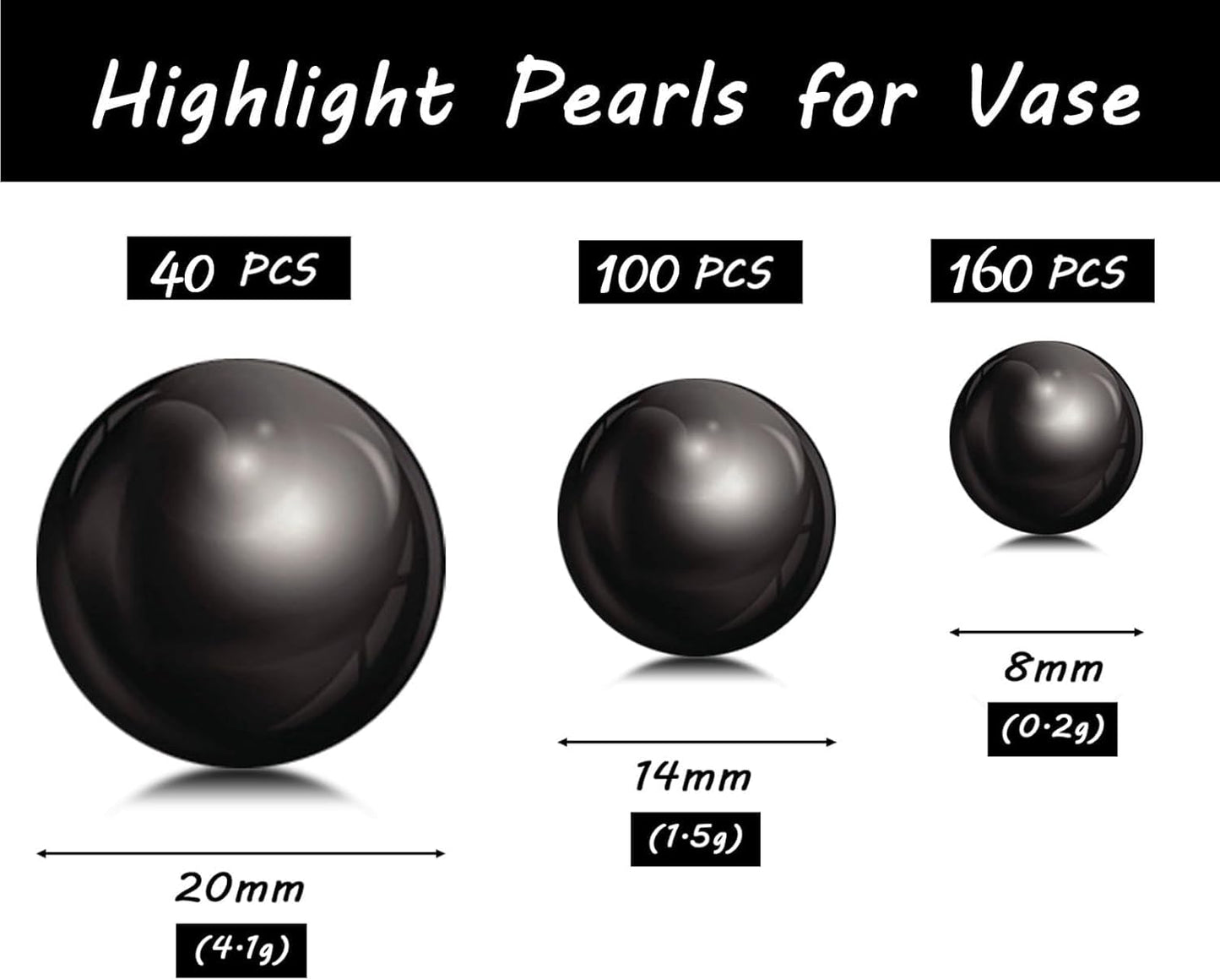300Pcs Black Polished No Hole Faux Pearl Beads for Vase Filling Decorations, Plastic Pearls Vase Fillers, Table Scatters, Wedding Centerpiece, Home Decor, 8/14/20 mm