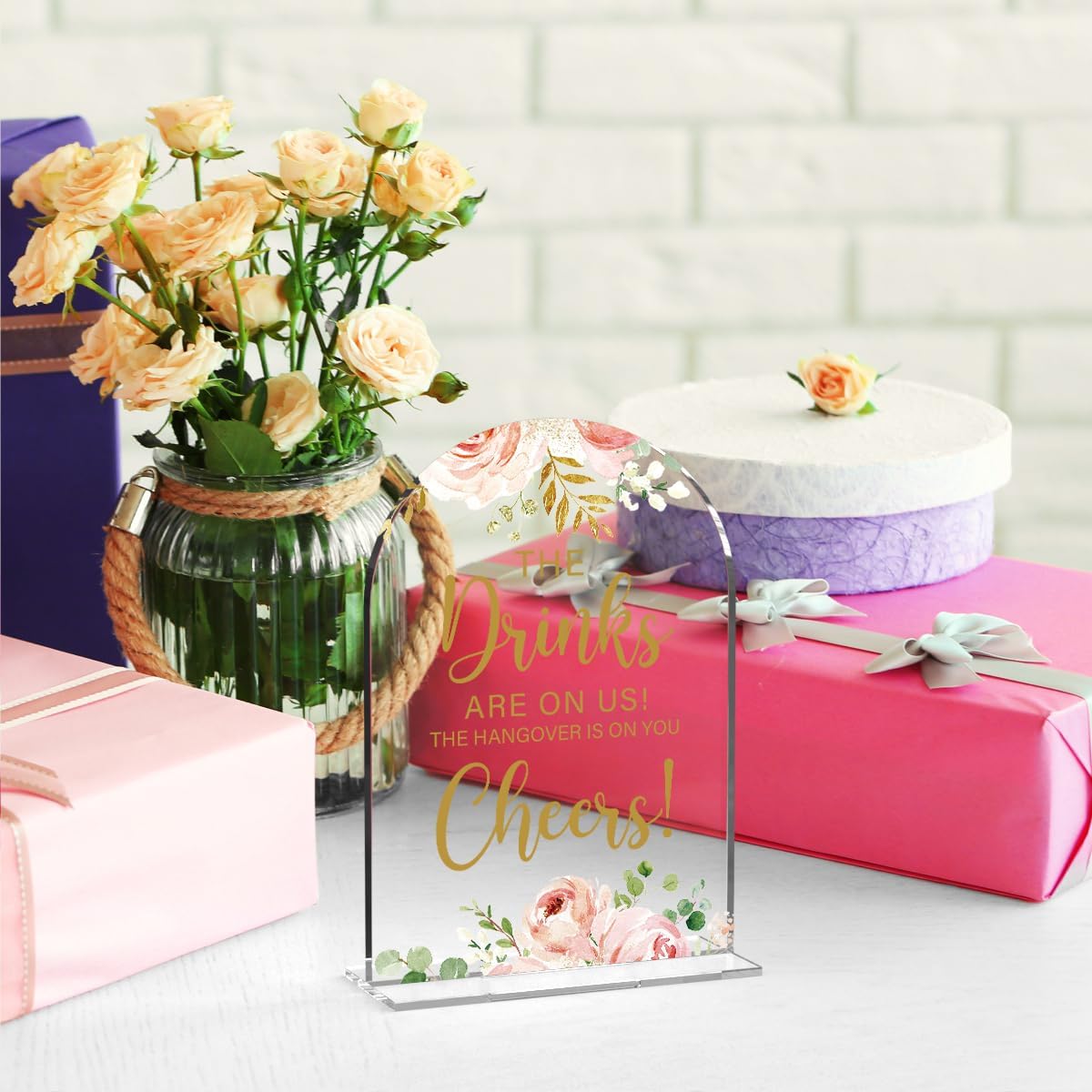 Acrylic Wedding Signs, Bridal Shower Decorations, The Drinks Signs for Reception, Modern Calligraphy Arch Acrylic Table Top Sign for Wedding Reception and Engagement Parties (Clear Pink Flowers)